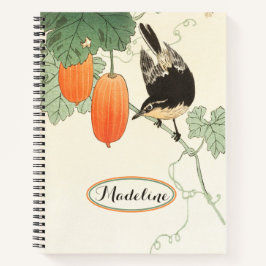 Japanischer Block Print Bird und Orange Fruit Notizbuch