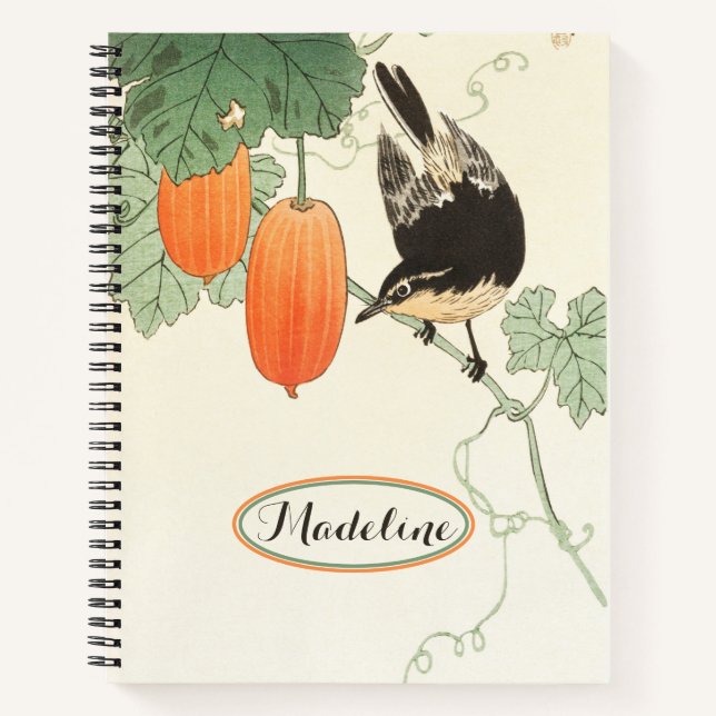 Japanischer Block Print Bird und Orange Fruit Notizbuch (Vorderseite)