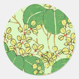 Japanischer botanischer grüner Blatt-Holzschnitt Runder Aufkleber