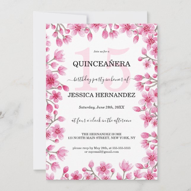 Japanischer Cherry Blossom Blumengrenzm Quinceañer Einladung (Vorderseite)