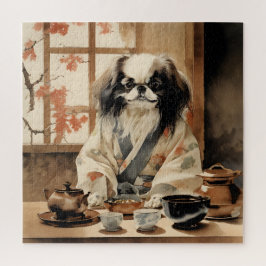 Japanischer Chin Dog Gastgeber einer Teezeremonie