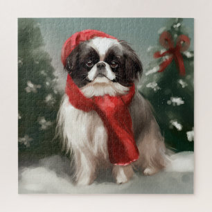 Japanischer Chin Dog in Schnee Weihnachten