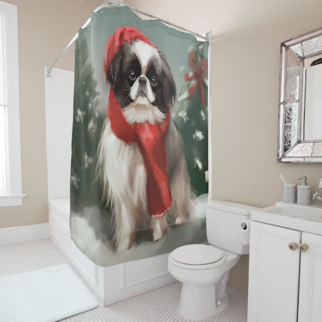 Japanischer Chin Dog in Schnee Weihnachten Duschvorhang (Beispiel)