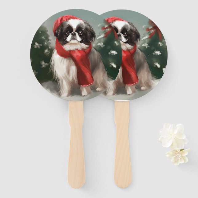 Japanischer Chin Dog in Schnee Weihnachten Fächer (Vorne und Hinten)