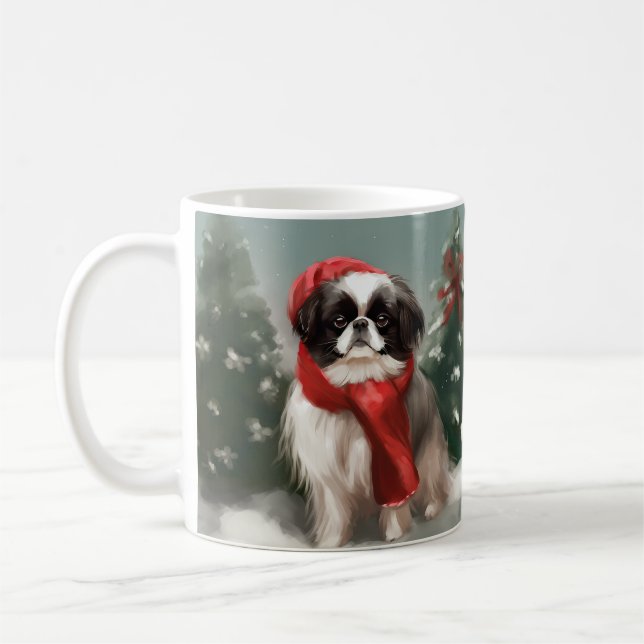 Japanischer Chin Dog in Schnee Weihnachten Kaffeetasse (Links)