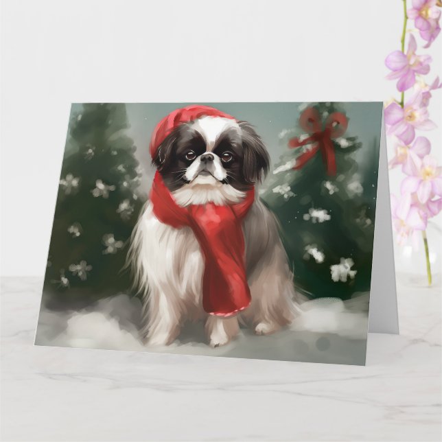 Japanischer Chin Dog in Schnee Weihnachten Karte (Orchidee)