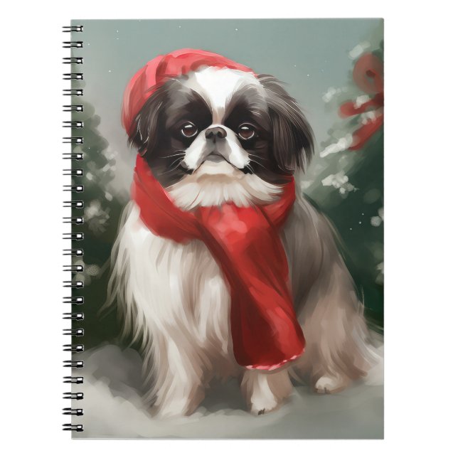 Japanischer Chin Dog in Schnee Weihnachten Notizblock (Vorderseite)