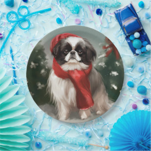 Japanischer Chin Dog in Schnee Weihnachten Pappteller