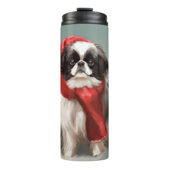 Japanischer Chin Dog in Schnee Weihnachten Thermosbecher (Vorderseite)
