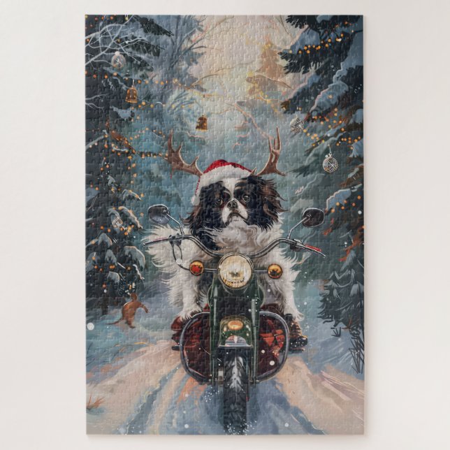 Japanischer Chin Dog Riding Motorrad Weihnachten (Vertikal)