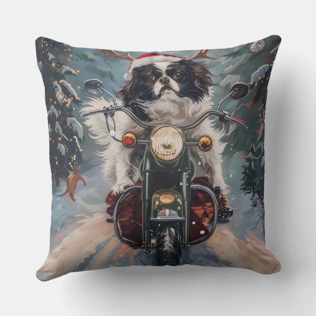 Japanischer Chin Dog Riding Motorrad Weihnachten Kissen (Rückseite)