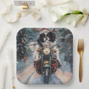 Japanischer Chin Dog Riding Motorrad Weihnachten Pappteller