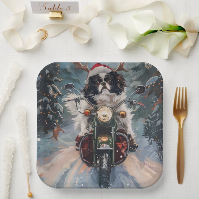Japanischer Chin Dog Riding Motorrad Weihnachten Pappteller (Hochzeit)