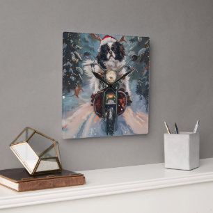 Japanischer Chin Dog Riding Motorrad Weihnachten Quadratische Wanduhr