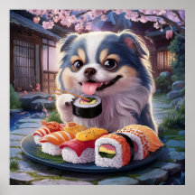 Japanischer Chin Dog Welppy Eating Sushi