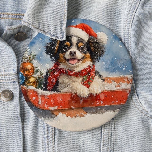 Japanischer Chin Hund in Sledge Let it Snow Weihna Button (Beispiel)