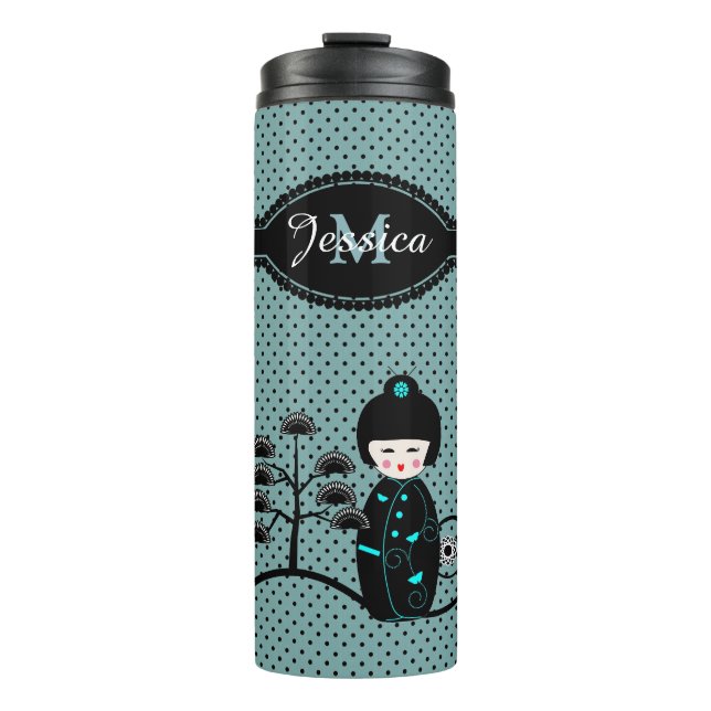 Japanischer Doll Polka Dot Blue Personalisiert Thermosbecher (Vorderseite)