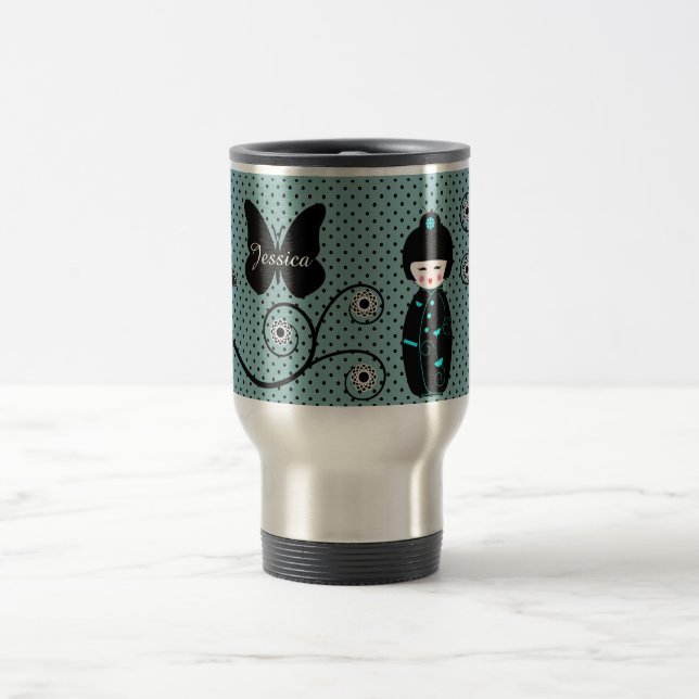 Japanischer Doll Polka Dot Personalisiert Reisebecher (Mittel)