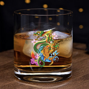 Japanischer Drache Koi Lotus Mythisch Asiatisch Bl Whiskyglas