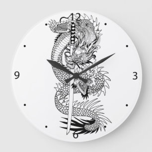 Japanischer Drache mit Katana-Schwert mit großer  Große Wanduhr