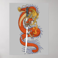 Japanischer Drache mit Katana-Schwertposter