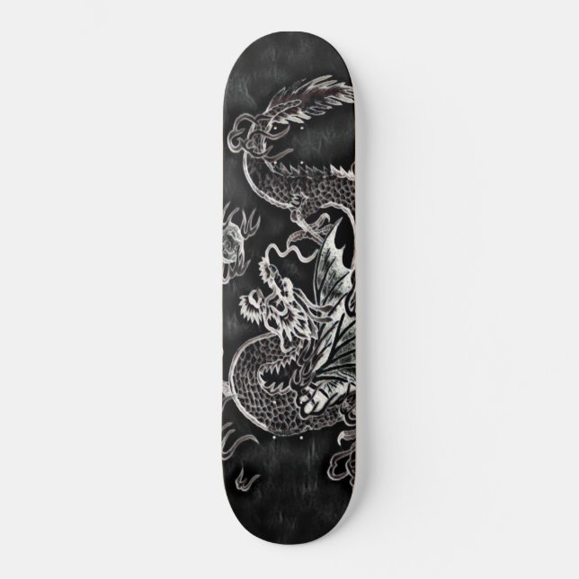 Japanischer Drache Schwarz, Silberer Vintager Flec Skateboard (Vorderseite)