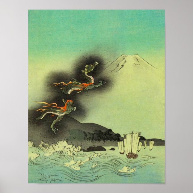 Japanischer Drache und Fuji-Berg Poster (Vorne)