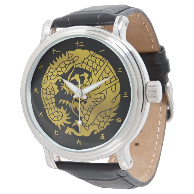 Japanischer Familienwappen-Drache Armbanduhr (Schrägansicht)