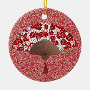 Japanischer Fan im Blatt-Druck, dunkelrot und weiß Keramikornament