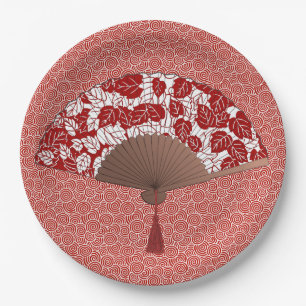 Japanischer Fan im Blatt-Druck, dunkelrot und weiß Pappteller