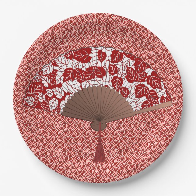 Japanischer Fan im Blatt-Druck, dunkelrot und weiß Pappteller (Vorderseite)