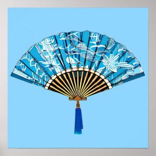 Japanischer Fan in Türkisblau und Weiß Poster