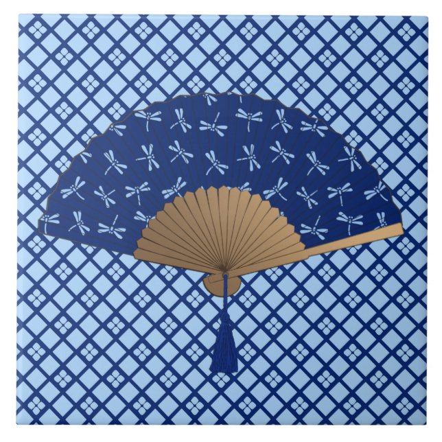 Japanischer Fan, Libellen-Muster, Kobalt-Blau Fliese (Vorderseite)