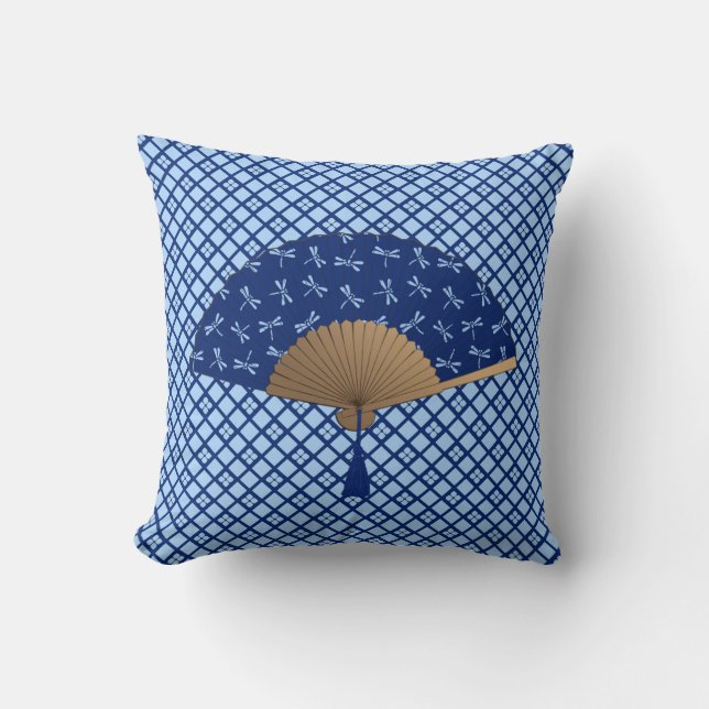 Japanischer Fan, Libellen-Muster, Kobalt-Blau Kissen (Vorderseite)