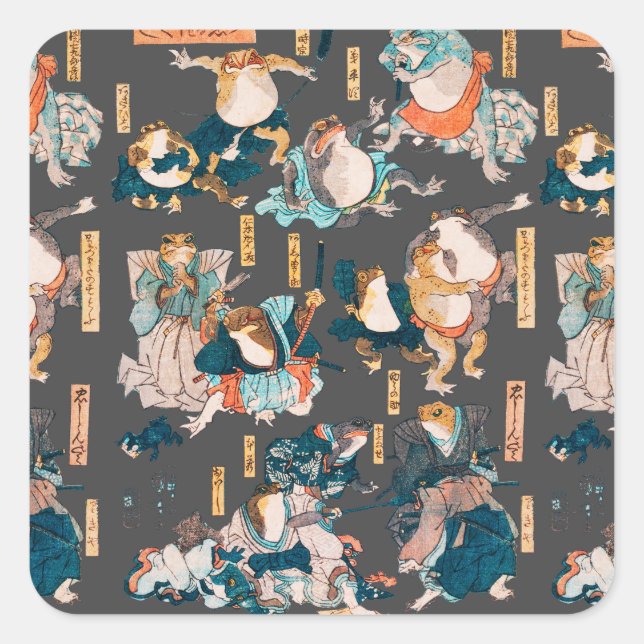 Japanischer Frog ukiyo-e Froggies Quadratischer Aufkleber (Vorderseite)