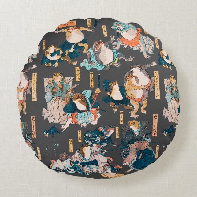 Japanischer Frog ukiyo-e Froggies Rundes Kissen (Vorderseite)