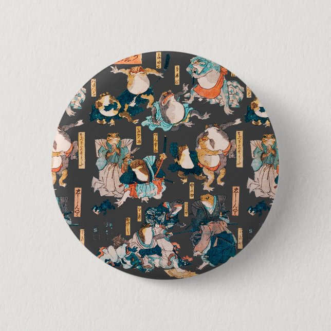Japanischer Frog Woodblock Ukiyo-e-anime Held Button (Vorderseite)