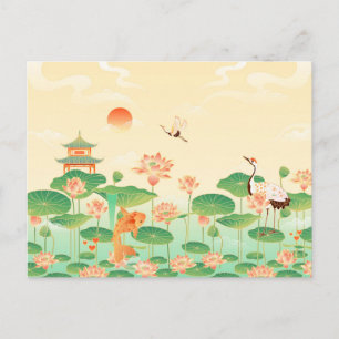 Japanischer-Garten-Koi-Teich und Seerosen Kunst Postkarte