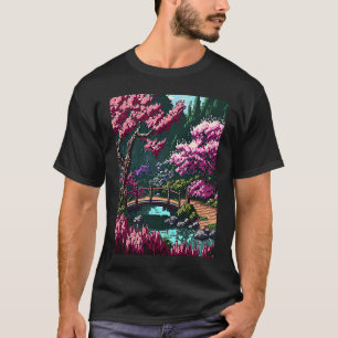 Japanischer Garten mit Brücke Kirschblüten 16bit V T-Shirt