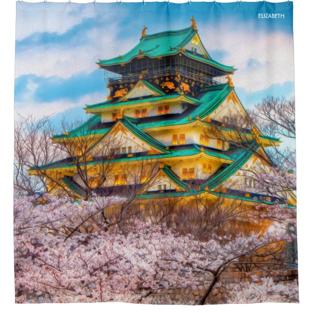 Japanischer Garten Pagoda und Sakura in Osaka, Jap Duschvorhang (Vorderseite)