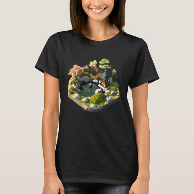 Japanischer Garten Teich Shrine isometrische Insel T-Shirt (Vorderseite)