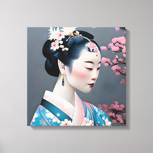 Japanischer Geisha in einem Kirschgarten Leinwanddruck (Vorderseite)