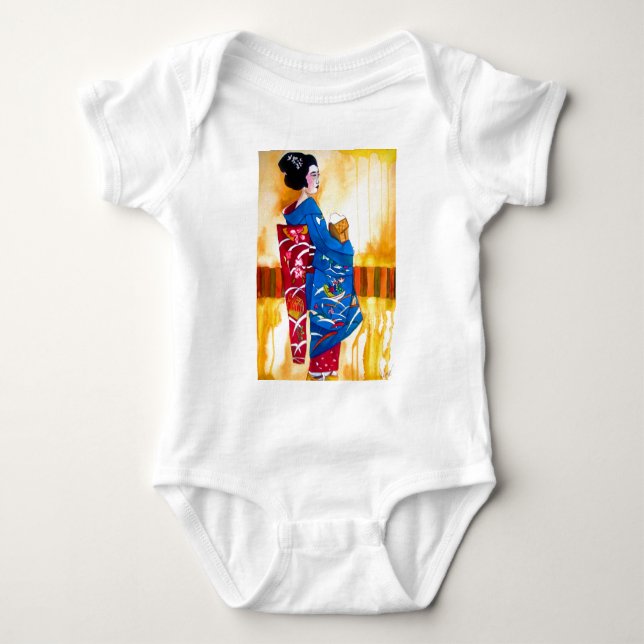 Japanischer Geisha mit blauem Kimono Baby Strampler (Vorderseite)