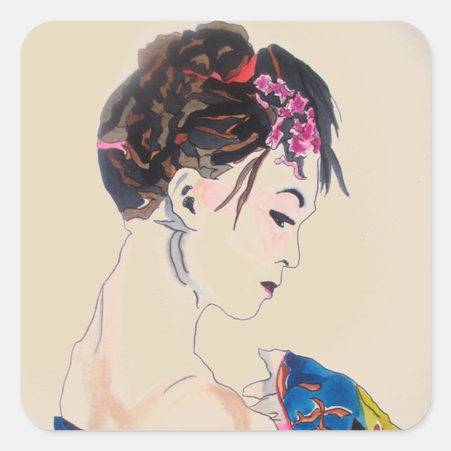 Japanischer Geisha mit blauem Kimono Quadratischer Aufkleber (Vorderseite)