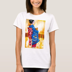 Japanischer Geisha mit blauem Kimono T-Shirt