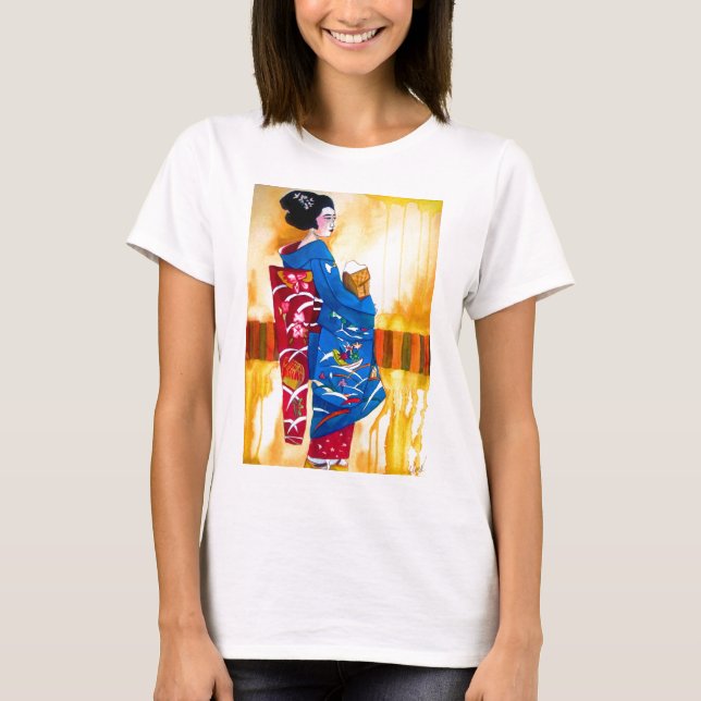 Japanischer Geisha mit blauem Kimono T-Shirt (Vorderseite)