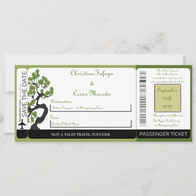 Japanischer Grüner Boarding-Pass Hochzeit Einladun Einladung (Vorderseite)