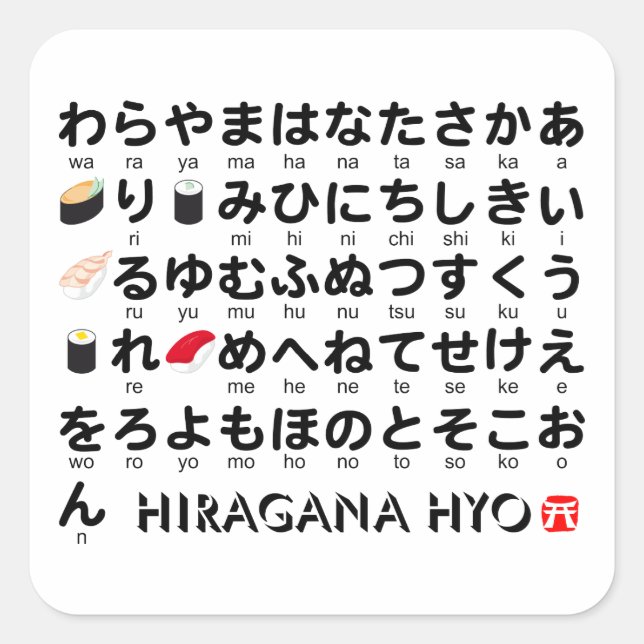 Japanischer Hiragana-Tisch (Sushi) Quadratischer Aufkleber (Vorderseite)