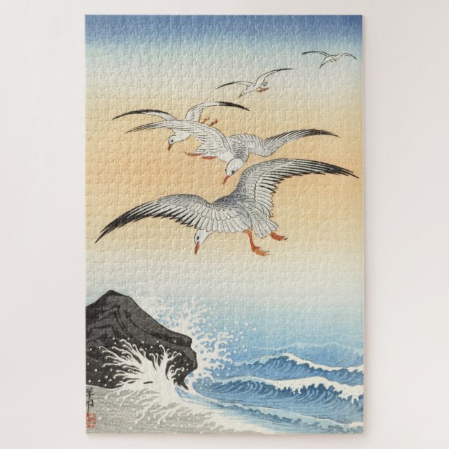 Japanischer Holzblock Art Print Seagulls über dem  (Vertikal)