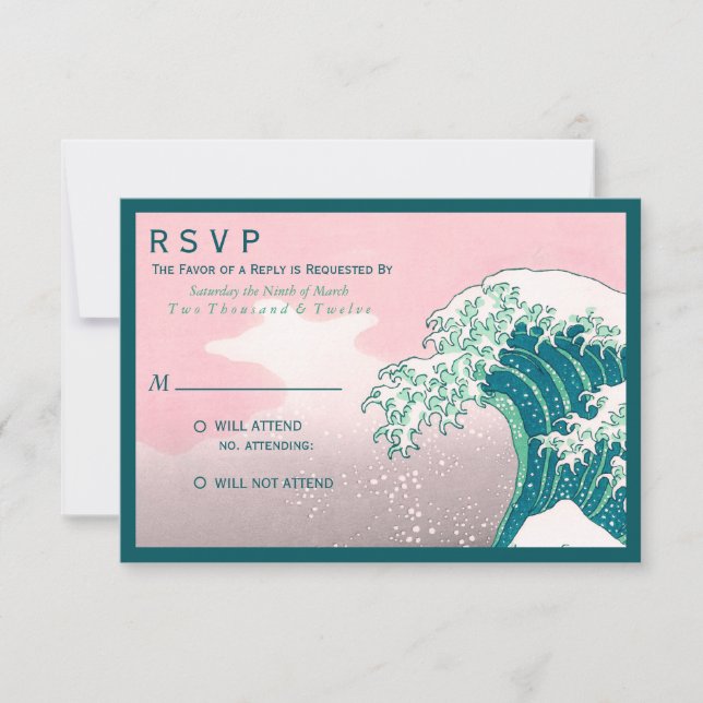 Japanischer Holzblock-Druck-Hochzeitskalender RSVP Karte (Vorderseite)